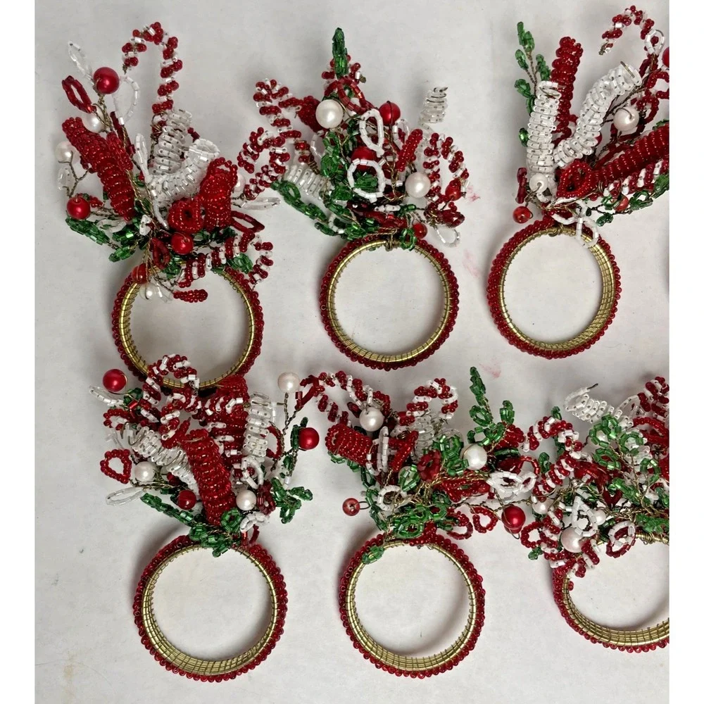 Beaded Holiday Christmas Napkin Ring Holders Set Of 8